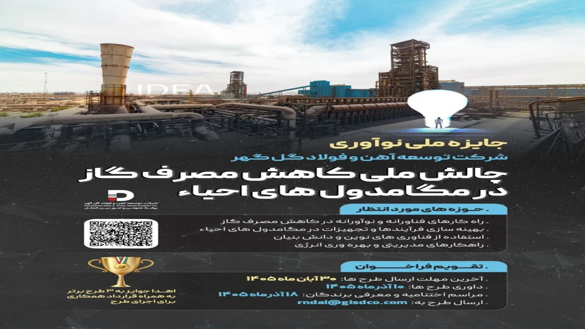 فراخوان ملی شرکت توسعه آهن و فولاد گل‌گهر برای کاهش مصرف گاز در مگامدول‌های احیاء